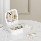 Portable Jewelry Box with LED Mirror, White, 3.5 x 3.5 x 1.8 inches, Travel Size Organizer