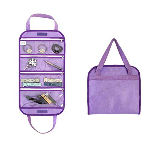 Travel Foldable Jewelry Rolls Bag Storage Pouch Hanging Jewelry Organizer with 8 Zippered Clear Pockets for Earrings Rings Necklaces Bracelets Watchbands (Purple)