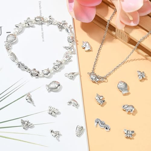 DanLingJewelry 150Pcs Mixed Styles Antique Silver Animal Spacer Beads Tibetan Style Bear Owl Cat Fish Beads for Bracelet Jewelry Craft Making - color: 150pcs - animal - 15 styles