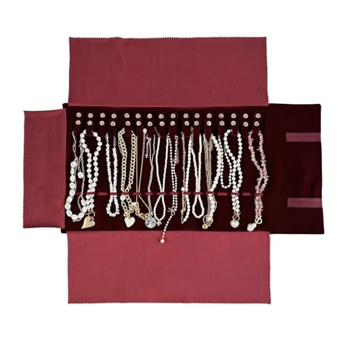 UnionPlus Velvet Travel Jewelry Roll Bag Organizer for Necklace, Elastic Band and Anti-winding, Burgundy - color: Burgundy, size: Medium