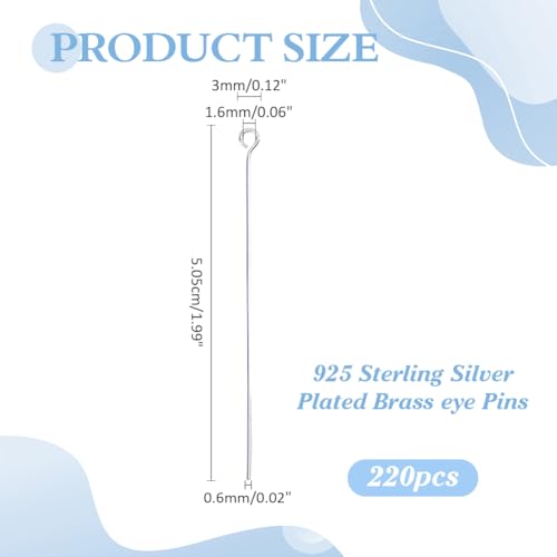 220Pcs Head Pins 925 Sterling Silver Plated Brass Flat Ball Head Eye Pins Jewelry Pins Needles 50.5mm for Earring Bracelet Necklace Jewelry Making Findings Accessory Supplies DIY Craft - size: 50.5x3x0.6mm