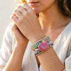 YGLINE Women Boho Handmade Natural Stone Crystal Leather Bead Wrap Bracelets Collection - color: Rhodochrosite 2-3w