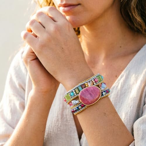 YGLINE Women Boho Handmade Natural Stone Crystal Leather Bead Wrap Bracelets Collection - color: Rhodochrosite 2-3w