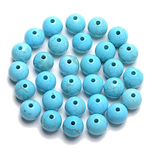 AD Beads Natural semi Precious Gemstone 10mm Round Loose Beads Big Hole 2mm Sized 30pcs (Blue Turquoise) - color: Blue Turquoise