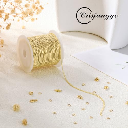 Crisjanggo 32.8 Feet Jewelry Making Chains Gold Cable Chains 14K Gold Plated Brass Chains Roll Spool for Jewelry Making DIY Craft Supplies with Jump Rings and Lobster Clasps - color: Cable Gold