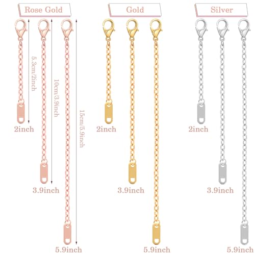 Mabor 9Pcs Necklace Extender, Jewelry Extenders for Necklaces, Rose Gold Stainless Steel Jewelry Chain Extenders for Necklace Bracelet Anklet (Gold, Silver, Rose Gold, 5.9inch/3.9inch/2inch)