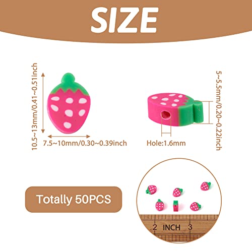 50PCS Handmade Polymer Clay Beads Hot Pink Color Strawberry Shape Loose Beads Fruit Theme Spacer Beads for DIY Bracelet Necklace Earring Charm Jewelry Making Hole 1.6mm - color: Strawberry # Hot Pink