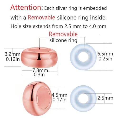 Clip Stopper Charms Sterling Silver Rondelle Spacer Bead for Bracelets (Silver) - color: Rose gold-6pcs