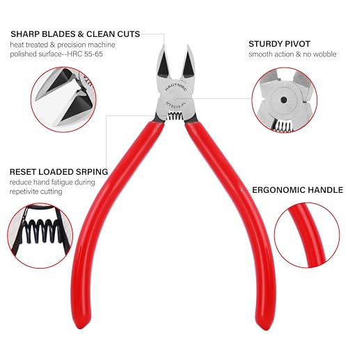 HAUTMEC 6" Flush Cutters Ultra Sharp Flush Cut Pliers 10PCS Small Wire Cutters for Crafting, Spring Loaded and Non-slip Grip Wire Snips for Plastic, Jewelry Marking, Artificial Flowers, HT0318-10PC - color: 6 Inch-10pcs