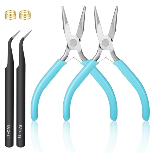 Jewelry Pliers Tool Set, 2Pcs Chain Needle Nose Pliers for Jewelry Making, Small Jump Ring Plier with 2Pc Tweezers, 2Pc Ring Hoop for Beading Craft Wire Bending