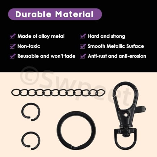 Swpeet 125Pcs Black Keychain Making Set, 25Pcs Swivel Lanyard Snap Hook, 25P Keychain Ring, 25P Extender Chains, 50P Open Jump Rings, Swivel Lobster Clasps, Keychains Clips - color: Black
