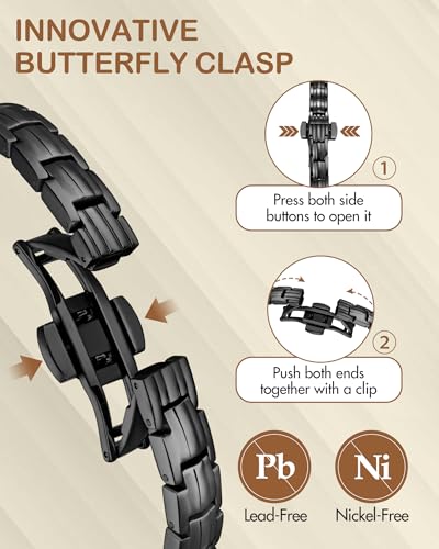 Feraco 5X Strength Magnetic Bracelets for Women, Stainless Steel Magnet Bracelet with Ultra Powerful 5000 Gauss Magnets, Upgraded Butterfly Clasp, Adjustable Jewelry Gift - color: Dark Black