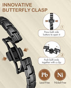 Feraco 5X Strength Magnetic Bracelets for Women, Stainless Steel Magnet Bracelet with Ultra Powerful 5000 Gauss Magnets, Upgraded Butterfly Clasp, Adjustable Jewelry Gift - color: Dark Black