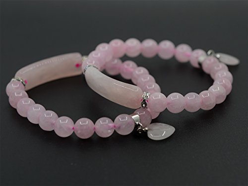 Justinstones Gem Semi Precious Gemstone Love Heart Charm Stretch Beaded Bracelet Unisex - color: Rose Quartz