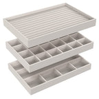 ClosetMaid Jewelry Trays, Set of 3, Stackable, Soft Velvet, Accessory Organizer for Earrings, Necklaces, Watches, Bracelets, Rings, Light Grey