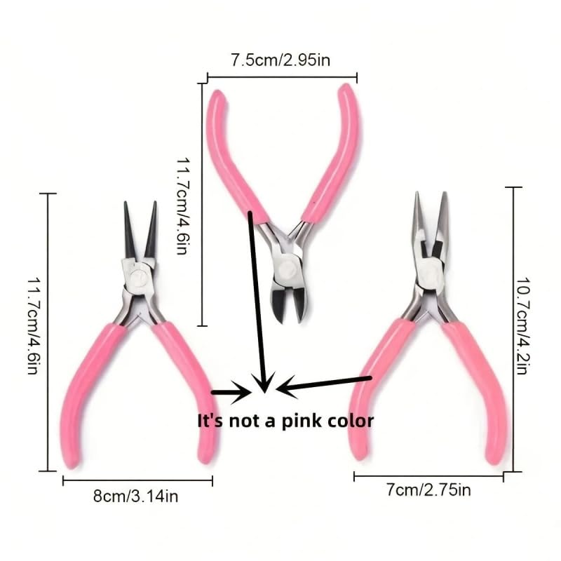 Jewelry Making Tool Set, 8-Piece with 3-Color Handles, Round Nose and Non-Serrated Pliers, Case for Beading and Wire Wrapping, Pink - color: Pink