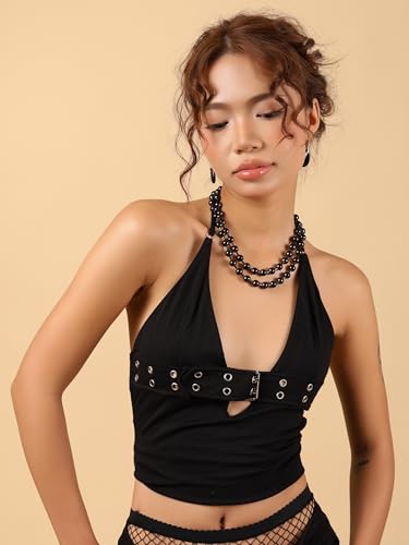 Sacina Y2k Aesthetic Emo Beaded Ball Chain Necklace, Gothic Punk Grunge Necklace, Christmas Jewelry Gift - color: Black, size: 18 in