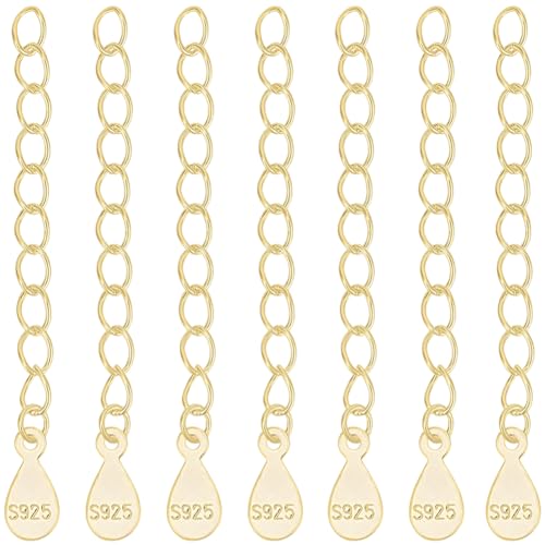 Beebeecraft 1 Box 10Pcs Necklace Chain Extender 18K Gold Plated Sterling Silver Bracelet Extension End Chains Curb Links with Teardrop Tabs S925 Stamp for Jewellery Making Findings DIY Crafts Supplies - color: Gold