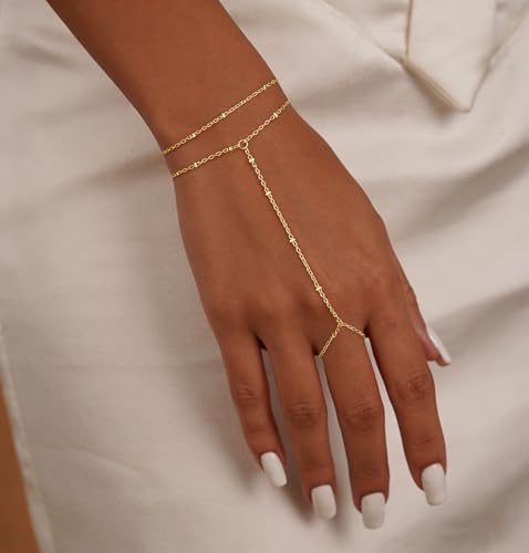 Gold Bracelets for Women Trendy, Dainty Gold Hand Chain Bracelet Stack 14k Gold Plated Finger Ring Bracelet Hand Chain Cz Layered Beaded Gold Bracelets for Women Non Tarnish Gold Jewelry Gift - style: layered satellite bracelet-gold