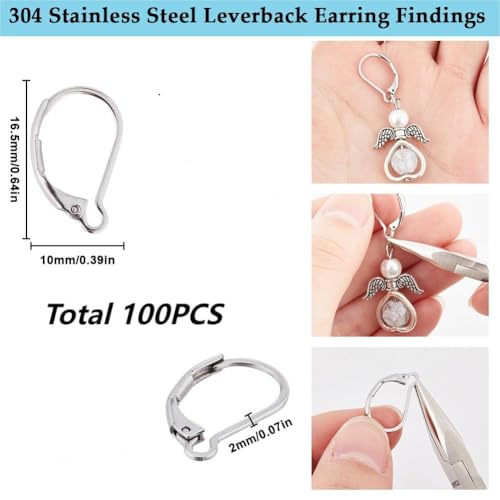 SUNNYCLUE 1 Box 100Pcs Stainless Steel Earring Hooks Leverback Earring Findings Lever Back Earring Hooks French Ear Wire Hypoallergenic Earring Clasp Leverbacks for Jewelry Making DIY Dangle Earrings - color: 100pcs Stainless Steel