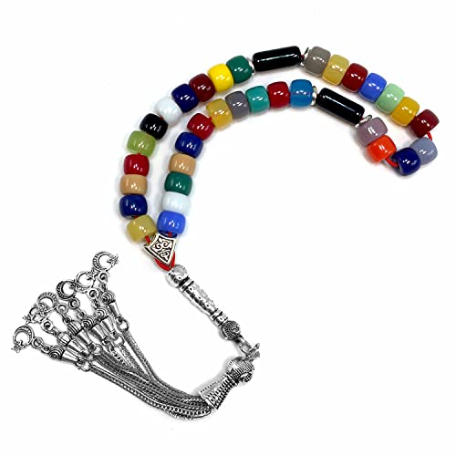 Simple Designed Natural Stone Worry Beads - Prayer Beads Tesbih-Tasbih-Tasbeeh-Misbaha-Subha-Sebha-Sibha-Rosary (Multi Color Resin Drum -8X6 mm- 33 Beads) - color: Multi Color Resin Drum -8X6 mm- 33 Beads