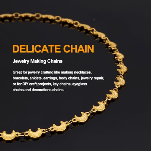 KYUNHOO 13FT/4M Stainless Steel Gold Jewelry Chain Roll on Bulk Embossed Moon Link Chains for Jewelry Making with Clasps and Jump Rings - color: Moon Gold