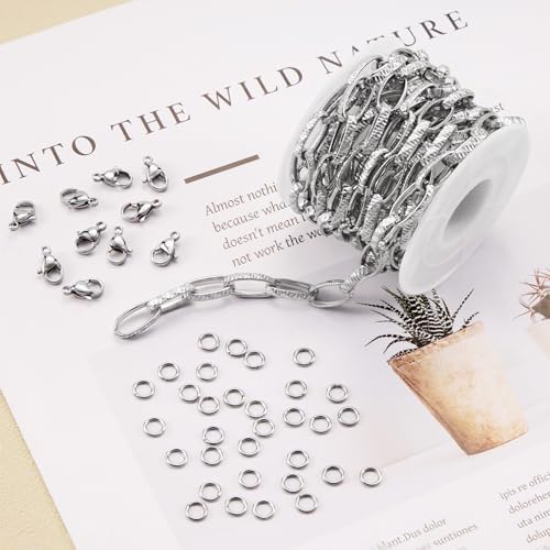 SMYHTGLIF 3 Meters Stainless Steel Chain Bulk Silver Unwelded Paperclip Chain for Jewelry Making Embossed Oval Link Jewelry Making Supplies - color: Embossed Paperclip Silver