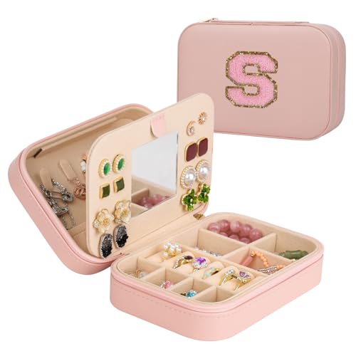Travel Jewelry Case, Jewelry Box with Mirror, Jewelry Organizer Bridal Shower Gifts to Her, Earring Storage Travel Case, Trendy Gift for Women and Girls, Girlfriend-Letter S, Pink - color: S, size: Pink