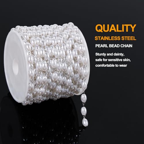 KYUNHOO 16.4FT/5M Faux Pearl Bead Jewelry Making Chains for Crafts Stainless Steel Cable Chain Roll with Jewelry Clasps for Women DIY Handcrafts - color: Pearl Bead Silver