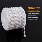KYUNHOO 16.4FT/5M Faux Pearl Bead Jewelry Making Chains for Crafts Stainless Steel Cable Chain Roll with Jewelry Clasps for Women DIY Handcrafts - color: Pearl Bead Silver