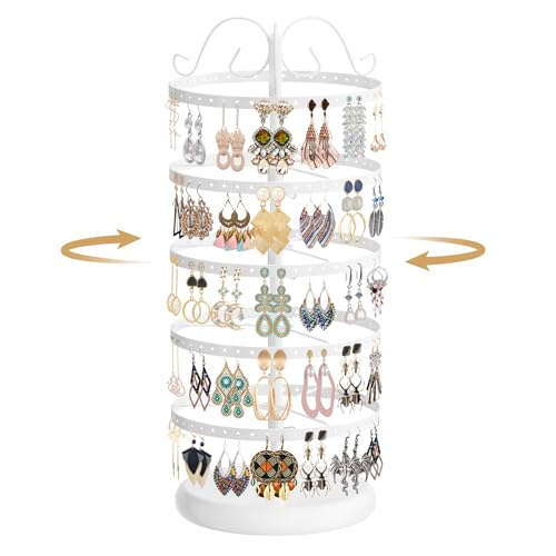 MODOWEY Rotating Earring Holder Organizer Stand, 5 Tier Metal Tree Display for Women Vendors, 220 Holes Adjustable Jewelry rack for Stud Hoop Dangle Storage, Trendy Carousel Keeps Dresser Neat, White - color: White, size: 5 Tier, 220 Holes