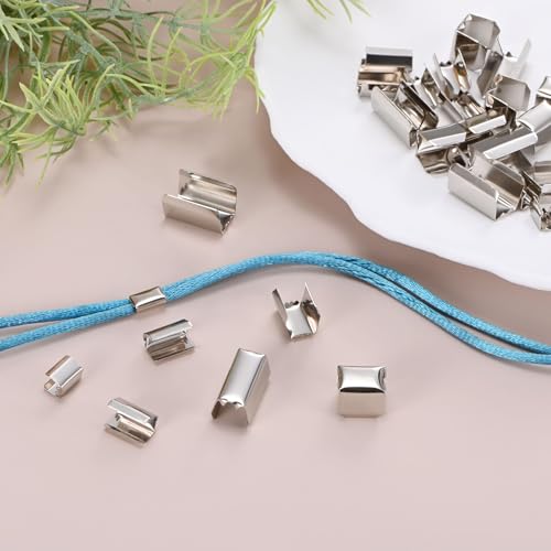 M METERXITY 100-Pack Fold Over Crimp End Caps, 0.6 x 0.3in/ 15 x 8mm Crimp Fasteners Ribbon Ends with Clamps for Jewelry Making/Leather Decor/DIY/Bracelets, Belt Buckle End Tip [Silver] - size: 0.6 x 0.3in/15 x 8mm