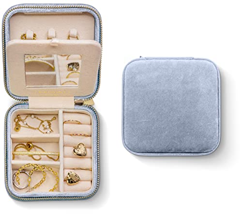 Benevolence LA Plush Velvet Jewelry Box | Travel Jewelry Case Organizer with Mirror | Featured in Oprah's Favorite Things | Best Gifts For Daughter, Girlfriend, Mom | Gifts For Her - Periwinkle Blue - color: Periwinkle Blue