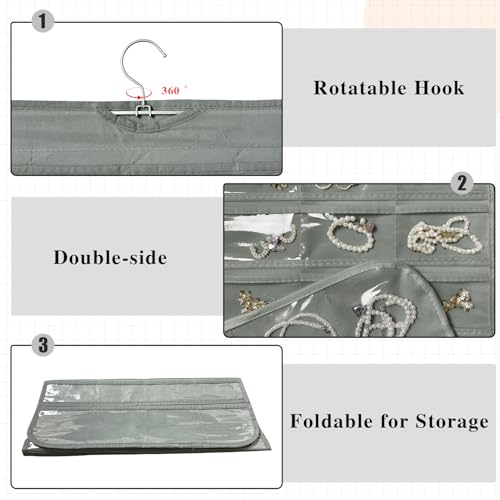 1 Pack Hanging Jewelry Organizer 80-Pocket Dual-sided Jewelry Storage for Earring Necklace Bracelet Ring Travel Holder, Gray - color: Gray