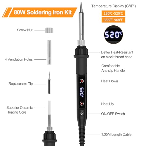 Soldering Iron Kit 80W LED Soldering Gun Adjustable Temp 356-968℉ 15s Fast Heating Electronics Welding Tools Precision Repair with Solder Wire, 5 Soldering Tips, Desoldering Pump, Stand, Tweezers