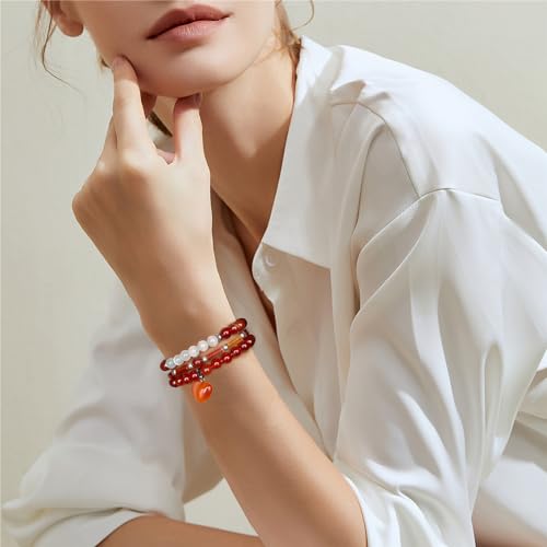 Vinswet Healing Crystal Beaded Bracelets for Women,Natural Amethyst Gemstones Bracelet,Anxiety Stress Relief Heart Charm Bracelet Handmade purple Jewelry Gifts for Women - color: Red agate&Moonstone