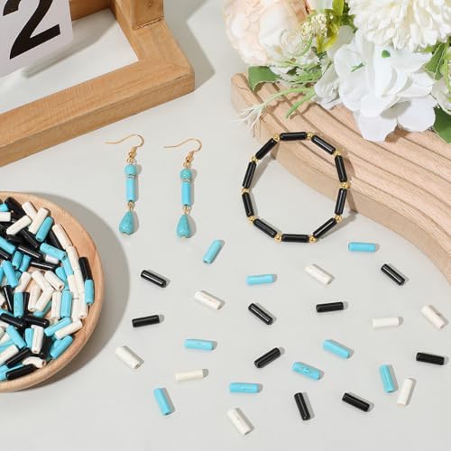 1 Box 192PCS 4x13MM Cylinder Stone Beads Strands with Hole Synthetic Turquoise Column Gemstone Tube Shaped Loose Spacer Bead Bulk for Jewelry Making Bracelets Necklaces DIY Crafts Supplies - color: 3 Color Mix