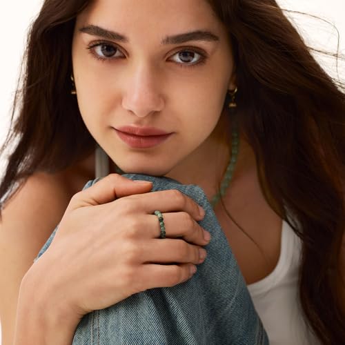 NLIEO Natural Gemstone Stretch Beaded Rings for Women Stackable Dainty Elastic Crystal Rings Jewelry - style: Emerald