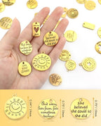 YETOOME 60 Pcs Antique Gold Inspiration Words Charms Engraved Motivational Charms Pendants for Jewelry Making Crafting Findings Accessory