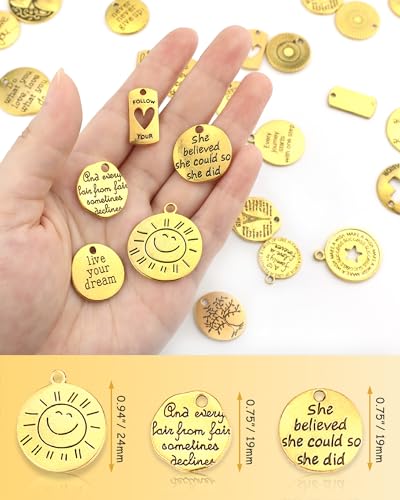 YETOOME 60 Pcs Antique Gold Inspiration Words Charms Engraved Motivational Charms Pendants for Jewelry Making Crafting Findings Accessory
