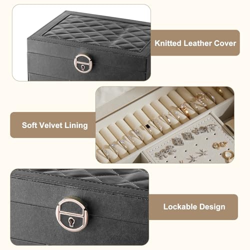 3 Layer Jewelry Box with Lock, Women Large Jewelry Holder Organizer with Drawer for Necklaces, Rings, Bracelets, Earrings, Watches, Valentines Gift for Mom Girl Wife (Black) - color: Black