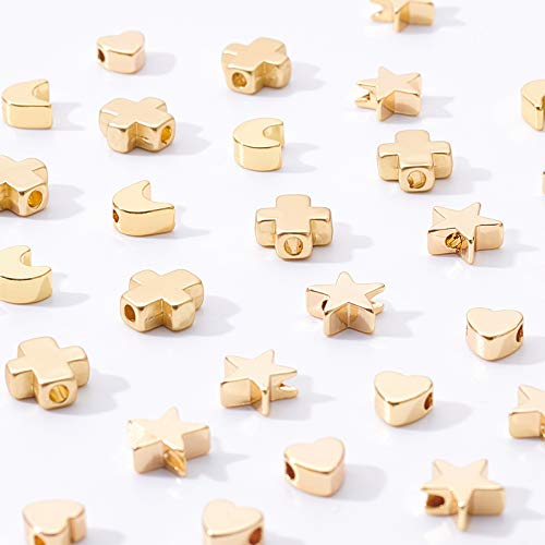 BENECREAT 40PCS 18K Gold Plated Moon Star Spacer Beads Heart Brass Beads for Bracelet Necklace DIY Jewelry Making - 10PCS/Shape - color: Heart Moon Cross Star