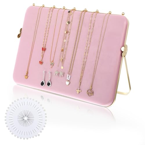 1 Pack Double-Sided Velvet Necklace Display Stand – Pink & White Jewelry Organizer Holder for Vendors, Craft Shows, Exhibitions (14 x 10 Inches, Metal Frame)