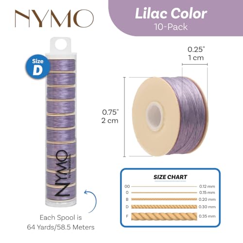 The Beadsmith Nymo Thread – 10-Pack Lilac Color – Size D, .30mm Diameter, 64 Yard/58.5 Meter Spool – Made of Nylon – Bead Embroidery & Weaving, Off Loom & Loom Work and DIY Craft Projects - size: Size D, 64 Yards, style: Lilac