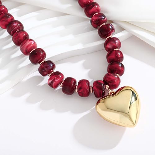 Gold Heart Pendant Necklaces for Women Colorful Acrylic Resin Beaded Choker Necklace Fashion Chunky Statement Beaded Heart Necklace - color: Red