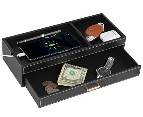 HofferRuffer Valet Jewelry Tray Organizer with Drawer, Faux Leather Storage Catchall Box Phone Charging Station Tray with Dresser Nightstand Desktop Drawer Organizer (Black) - color: Black