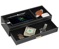 HofferRuffer Valet Jewelry Tray Organizer with Drawer, Faux Leather Storage Catchall Box Phone Charging Station Tray with Dresser Nightstand Desktop Drawer Organizer (Black) - color: Black