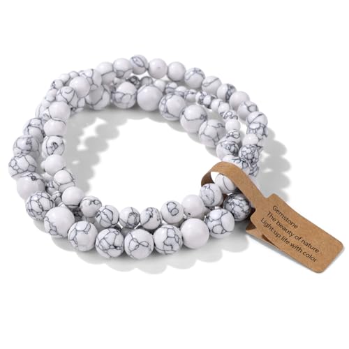 3 PCS Healing Crystal Bracelets for Women 8mm Natural Stone Beaded Stretch Bracelet Amethyst Jewelry Gifts - color: 4,6,8mm Howlite