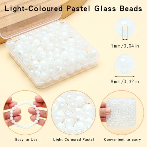 200pcs Glass Beads for Bracelets, 8mm Crystal Glass Round Beads for Jewelry Making, DIY Crafts, Single Box (White) - color: White
