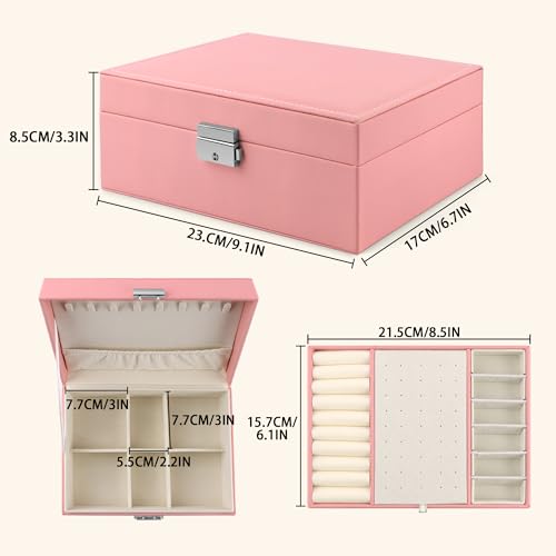 Homeanda Jewelry box 2 layer Jewelry box Leather Jewelry boxes for Women Girls Teens Jewelry organizer box Jewelry Storage box with lock(Pink) - color: Pink